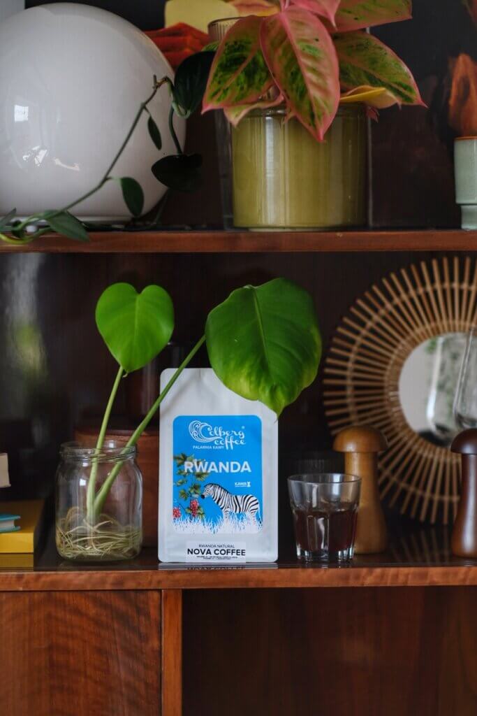 Jasno palona kawa na regale rertro. Kawa kraftowa stylowe opakowanie