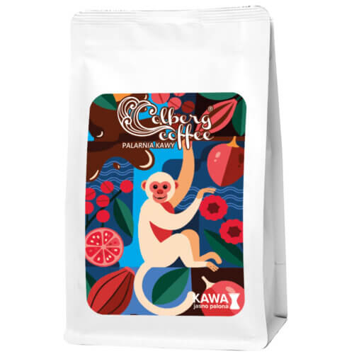 Paczka kawy jasnopalonej z gwatemali do przelewu i dripa z małpką na etykiecie. kawa z palarni specialty