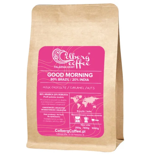 Kawa Good Morning od Colbergcoffee - Idealny Start Każdego Dnia Kawa Good Morning łączy w sobie aromaty subtelnej czekolady oraz orzechowe aromaty charakterystyczne dla brazylijskich ziaren z głęboką goryczką znanych z indyjskiej kawy