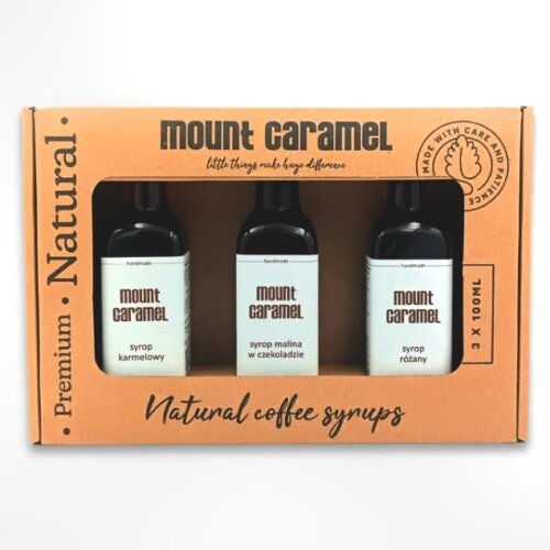 ZESTAW SYROPÓW MOUNT CARAMEL - KARMELOWY + MALINA W CZEKOLADZIE + RÓŻANY 3 X 100ML