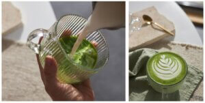 Przepis na matcha latte Składniki: 2 g matchy (ceremonialnej lub klasycznej) 80–100 ml wody (do 80°C) 200 ml mleka (krowiego 2–3% lub roślinnego – np. owsianego, sojowego) opcjonalnie: miód, syrop klonowy, cukier, wanilia Sprzęt: chasen lub elektryczny spieniacz do mleka garnek lub spieniacz do podgrzania mleka wysoka szklanka