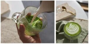 Przepis na matcha latte Składniki: 2 g matchy (ceremonialnej lub klasycznej) 80–100 ml wody (do 80°C) 200 ml mleka (krowiego 2–3% lub roślinnego – np. owsianego, sojowego) opcjonalnie: miód, syrop klonowy, cukier, wanilia Sprzęt: chasen lub elektryczny spieniacz do mleka garnek lub spieniacz do podgrzania mleka wysoka szklanka