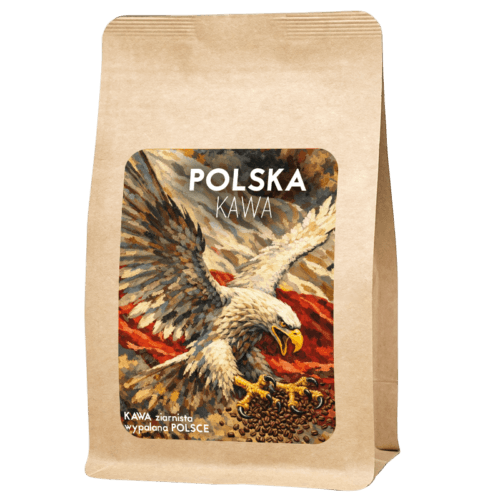 Polska kawa - flaga polska oraz orzeł biały trzymający ziarna kawy