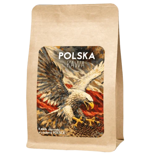 Polska kawa - flaga polska oraz orzeł biały trzymający ziarna kawy