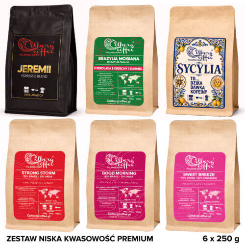 Sześć kaw, jeden wspólny mianownik - niska kwasowość i profil stworzony do codziennego espresso. Zestaw PREMIUM to aż 1,5 kg kawy ziarnistej w sześciu różnych odsłonach: od łagodnych i słodkich po zdecydowanie bardziej intensywne.