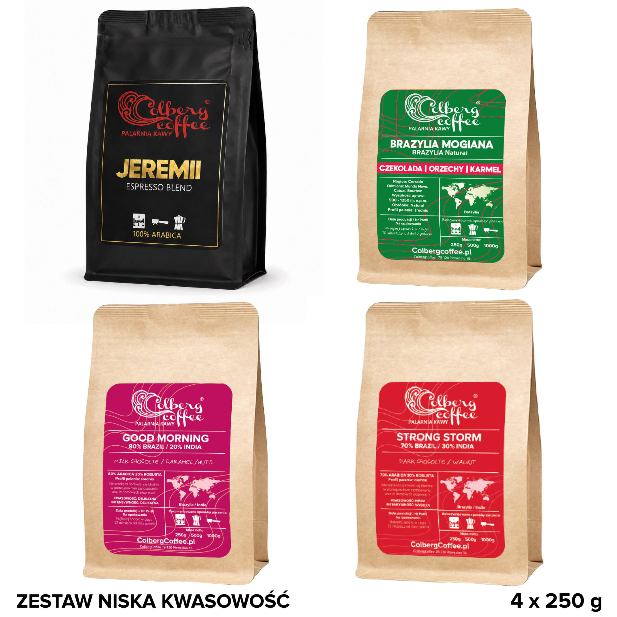 Zestaw kaw o niskiej kwasowości 4 x 250 g Colbergcoffee