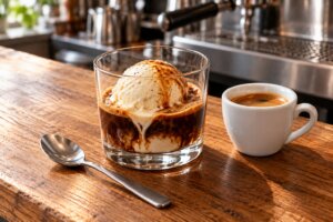 Affogato: gałka lodów waniliowych zalana espresso w niskiej szklance