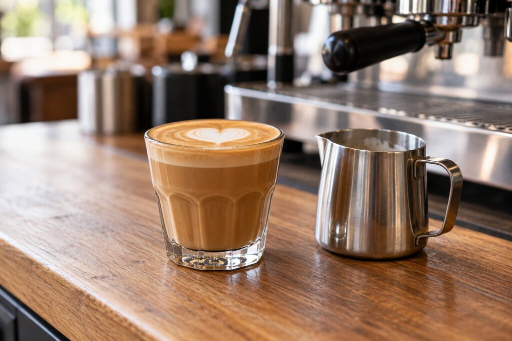 Cortado w małej szklance z cienką warstwą mikropianki obok dzbanka do mleka