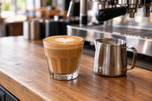 Cortado w małej szklance z cienką warstwą mikropianki obok dzbanka do mleka