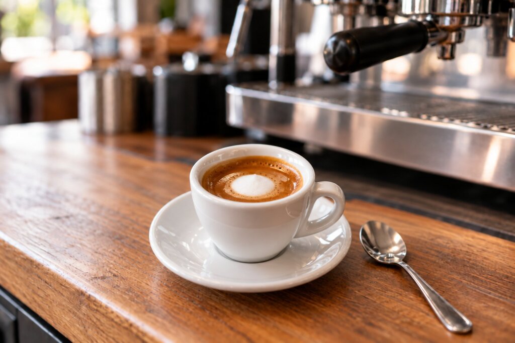 Espresso macchiato w białej filiżance z plamką mlecznej pianki