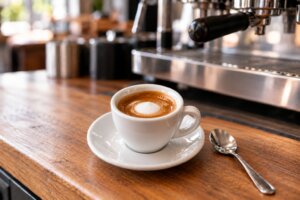 Espresso macchiato w białej filiżance z plamką mlecznej pianki