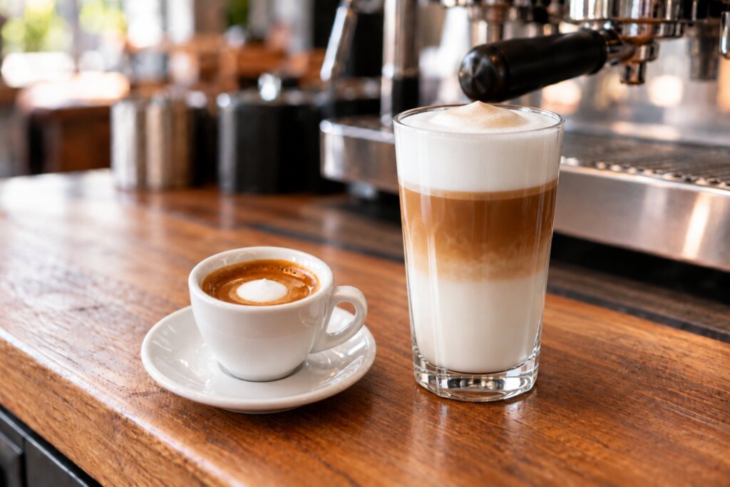 Espresso macchiato w filiżance obok wysokiej szklanki latte macchiato z warstwami