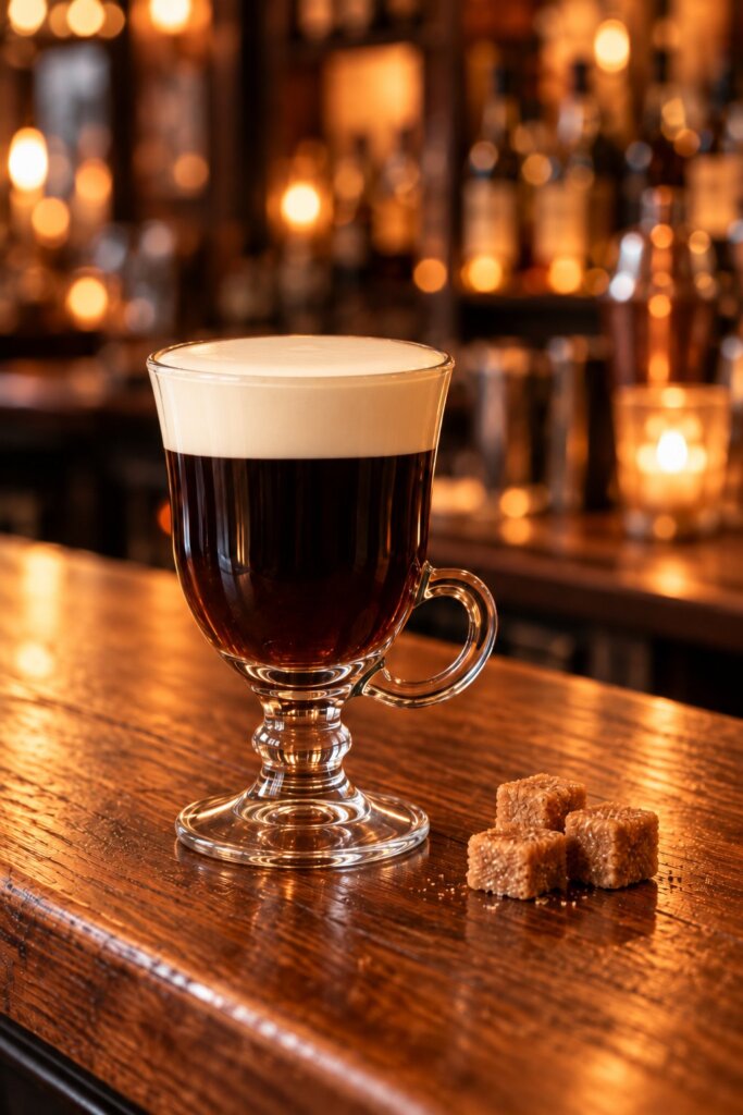 Irish coffee w szklance na nóżce z warstwą lekko ubitej śmietanki