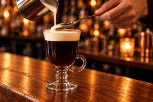 Wlewanie śmietanki po grzbiecie łyżki do irish coffee