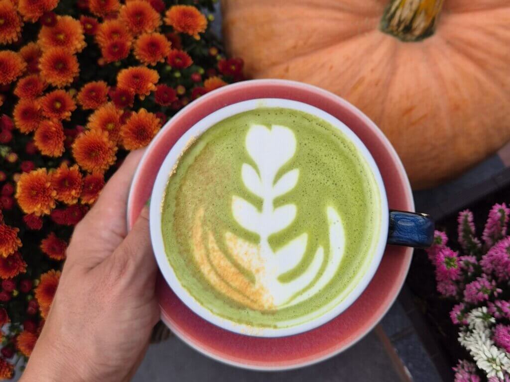 Matcha latte z jesiennej karty Colbergcoffee na tle dyni i chryzantem