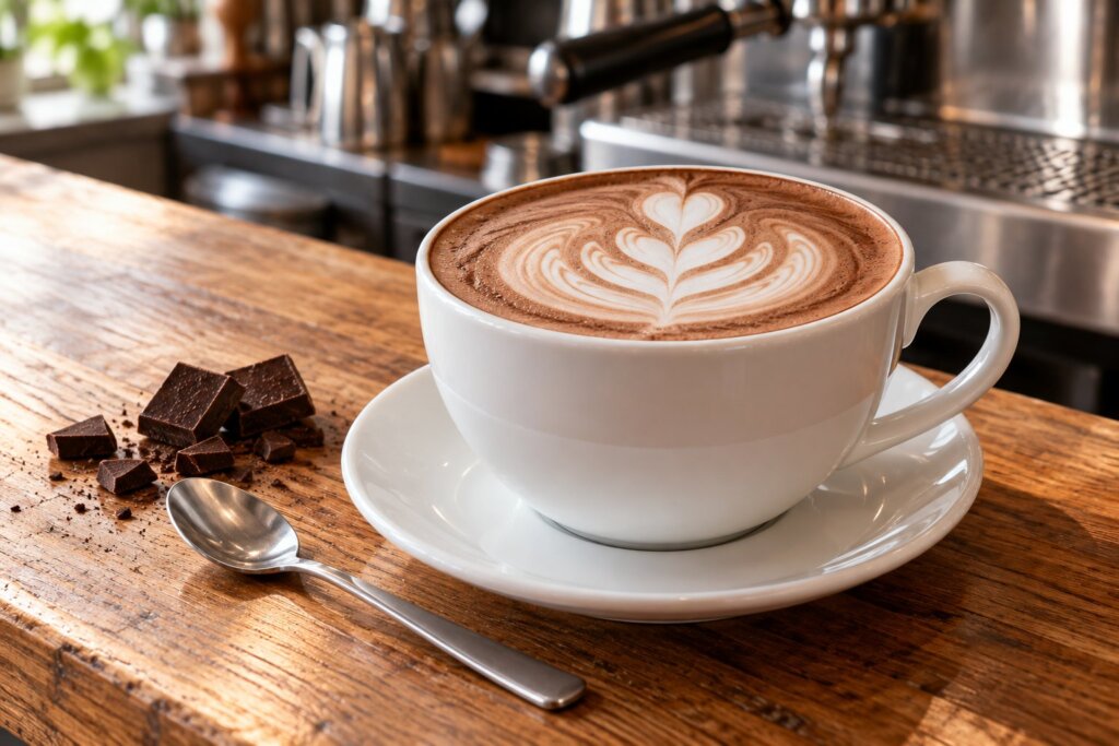 Kawa mocha w białej filiżance z latte art obok kostek gorzkiej czekolady