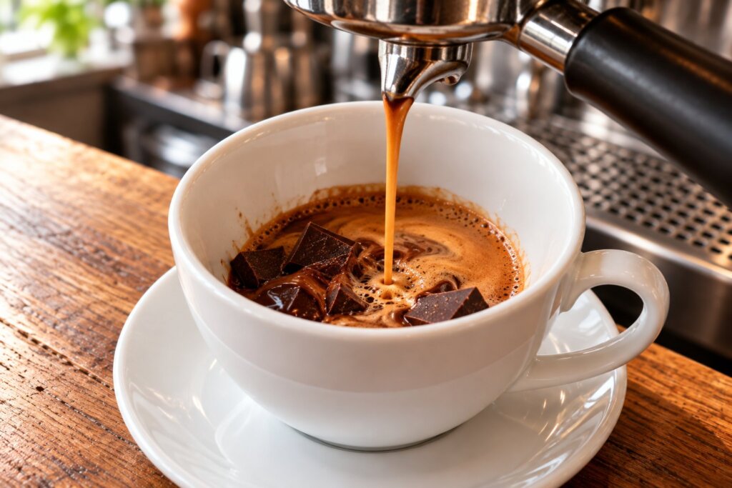 Espresso spływające z kolby na posiekaną gorzką czekoladę w filiżance