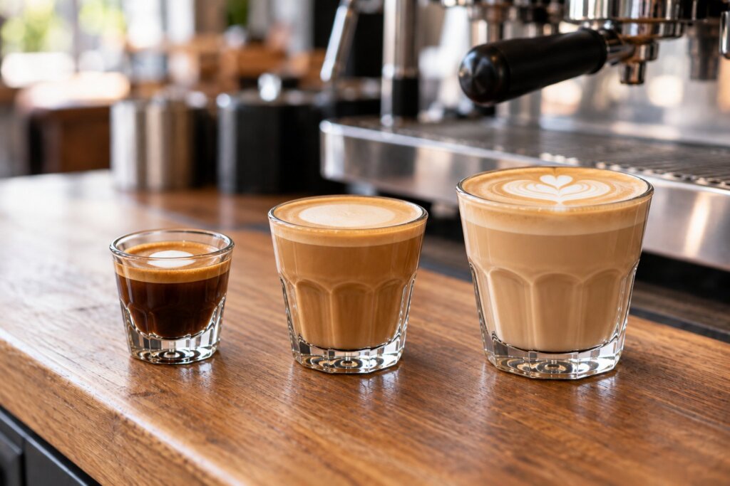 Espresso macchiato, cortado i flat white w szklankach różnej wielkości