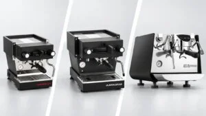 Ekspresy La Marzocco Linea Micra, Linea Mini i Victoria Arduino Eagle One Prima obok siebie w zachowanej skali