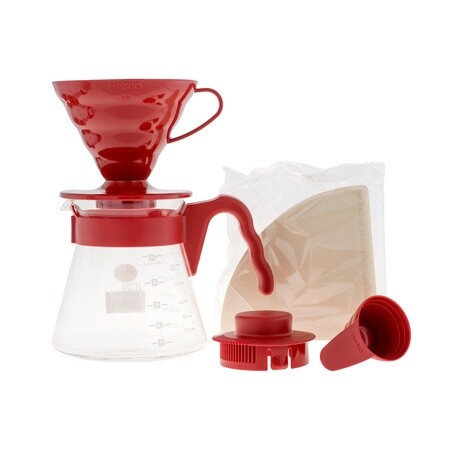 Hario V60 Pour Over Kit, Red (Dripper, Server, Filters)